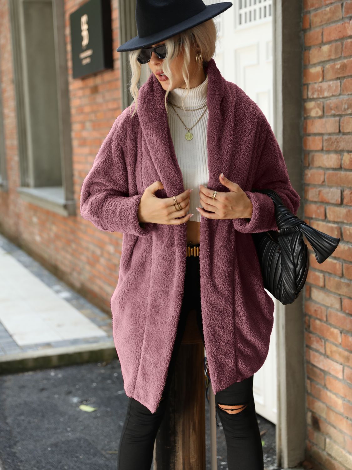 Buy moonlit-mauve Open Front Hooded Teddy Coat