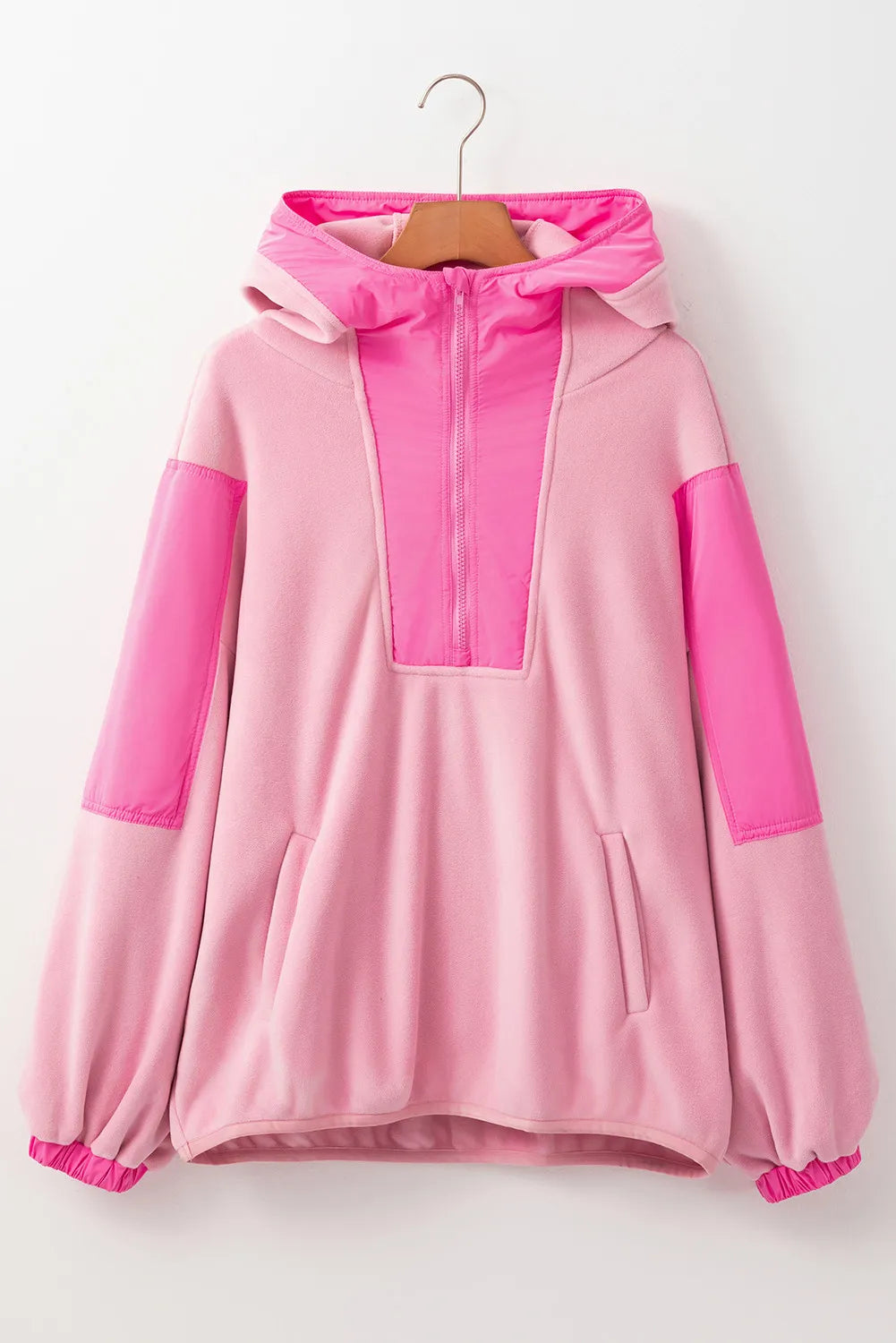 Buy dusty-pink Color Block Half Zip Long Sleeve Hoodie