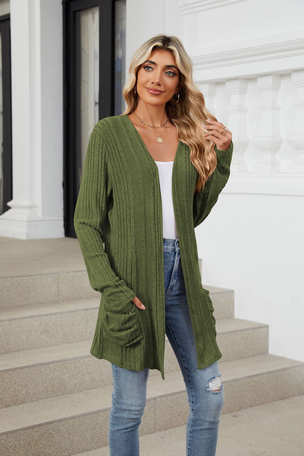 Buy moss Pocketed Open Front Long Sleeve Cardigan