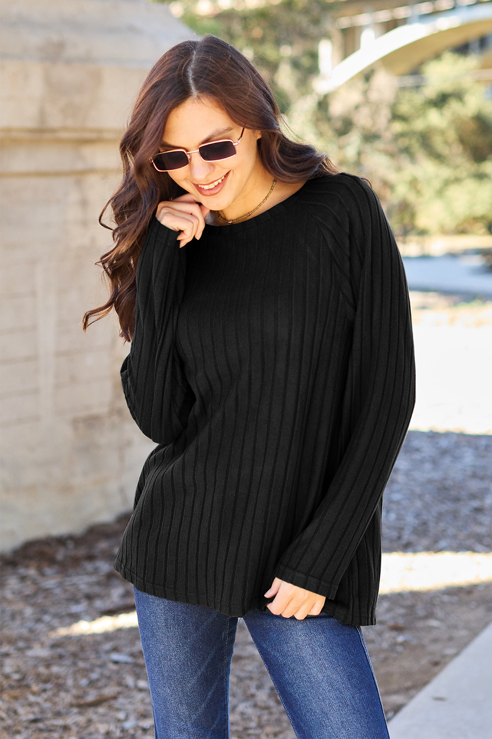 Buy black Basic Bae Full Size Ribbed Round Neck Long Sleeve Knit Top