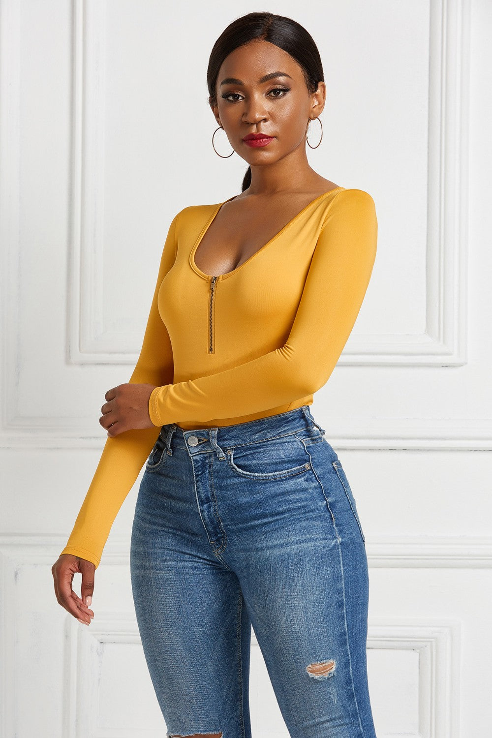 Buy gold Half Zip Scoop Neck Long Sleeve Bodysuit