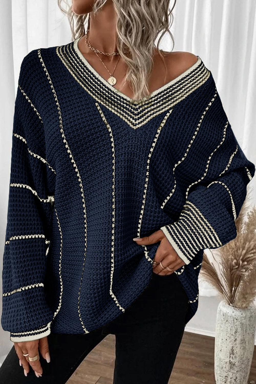 Buy dark-navy Striped V-Neck Dropped Shoulder Sweater