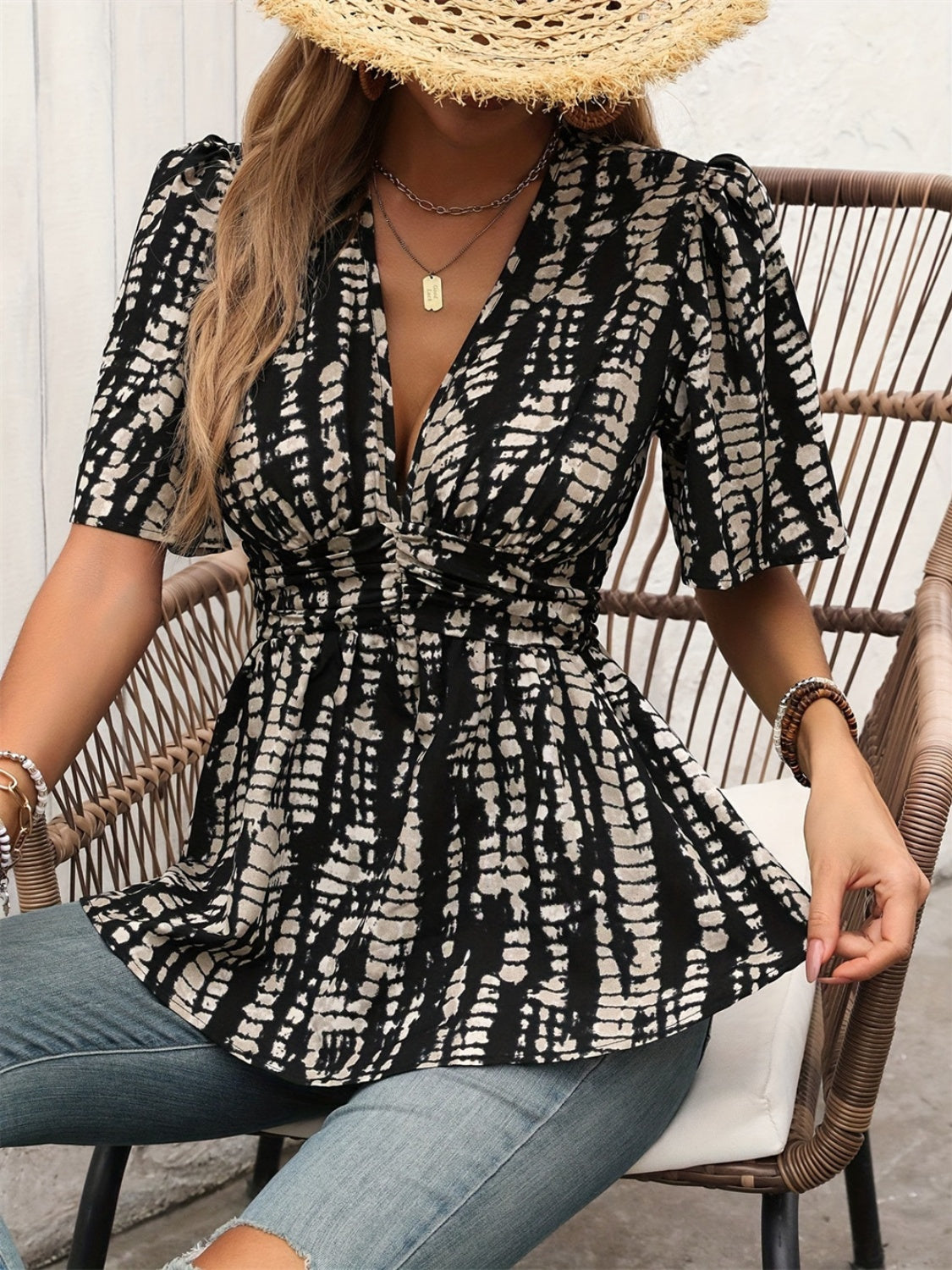 Printed V-Neck Half Sleeve Blouse