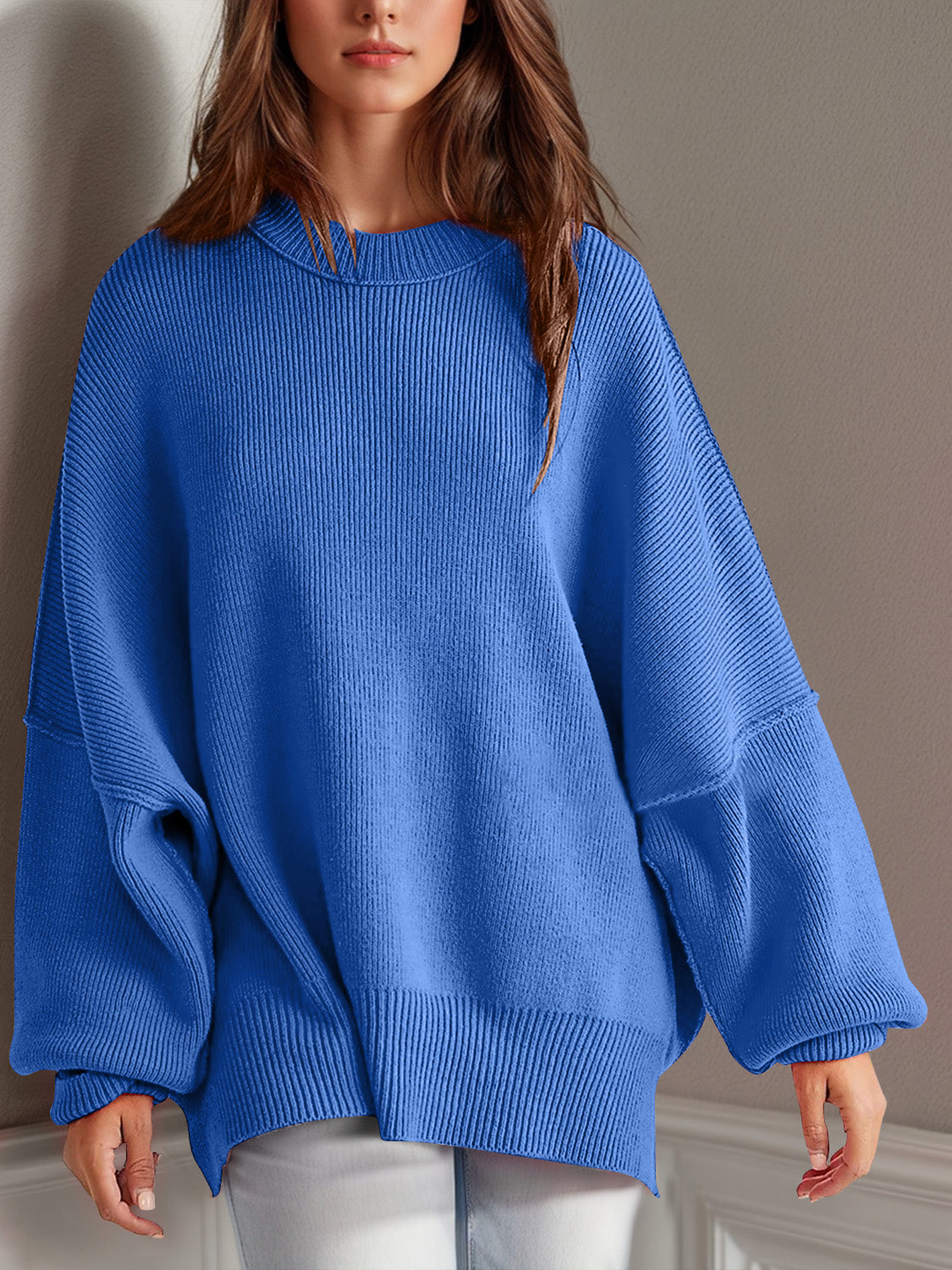 Buy royal-blue Double Take Side Slit Round Neck Long Sleeve Sweater