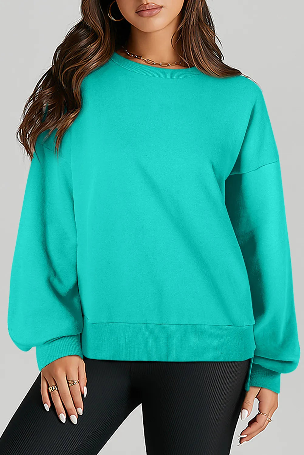 Buy turquoise High-Low Round Neck Long Sleeve Sweatshirt