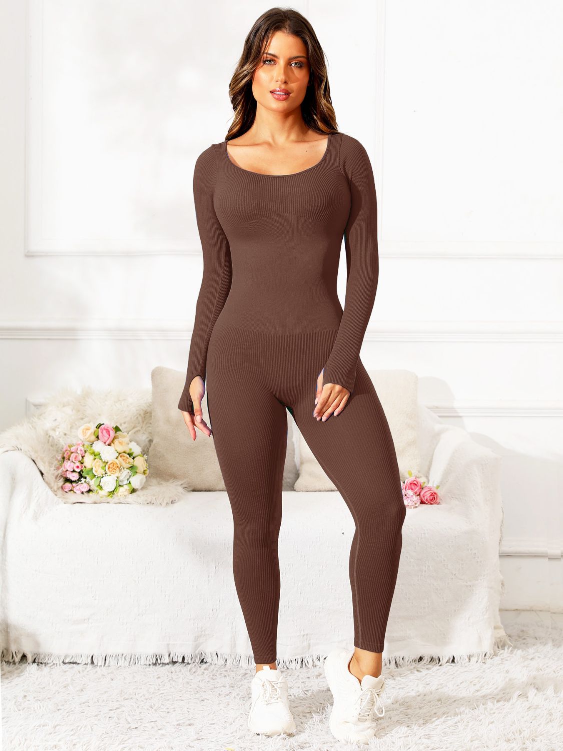 Buy black Scoop Neck Long Sleeve Active Jumpsuit