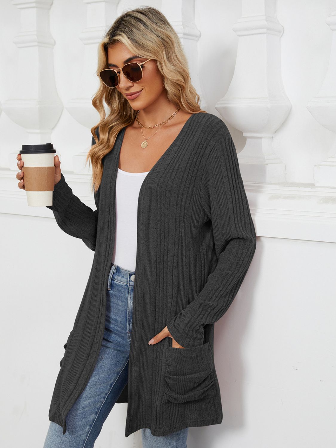 Pocketed Open Front Long Sleeve Cardigan