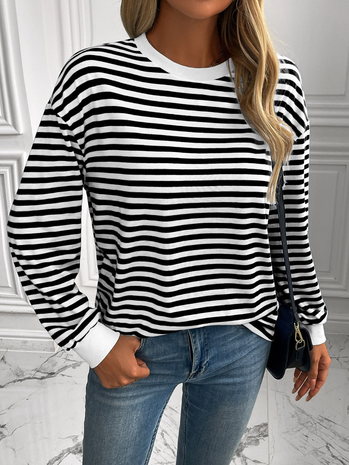 Buy black Ivy Lane Striped Round Neck Long Sleeve Sweatshirt