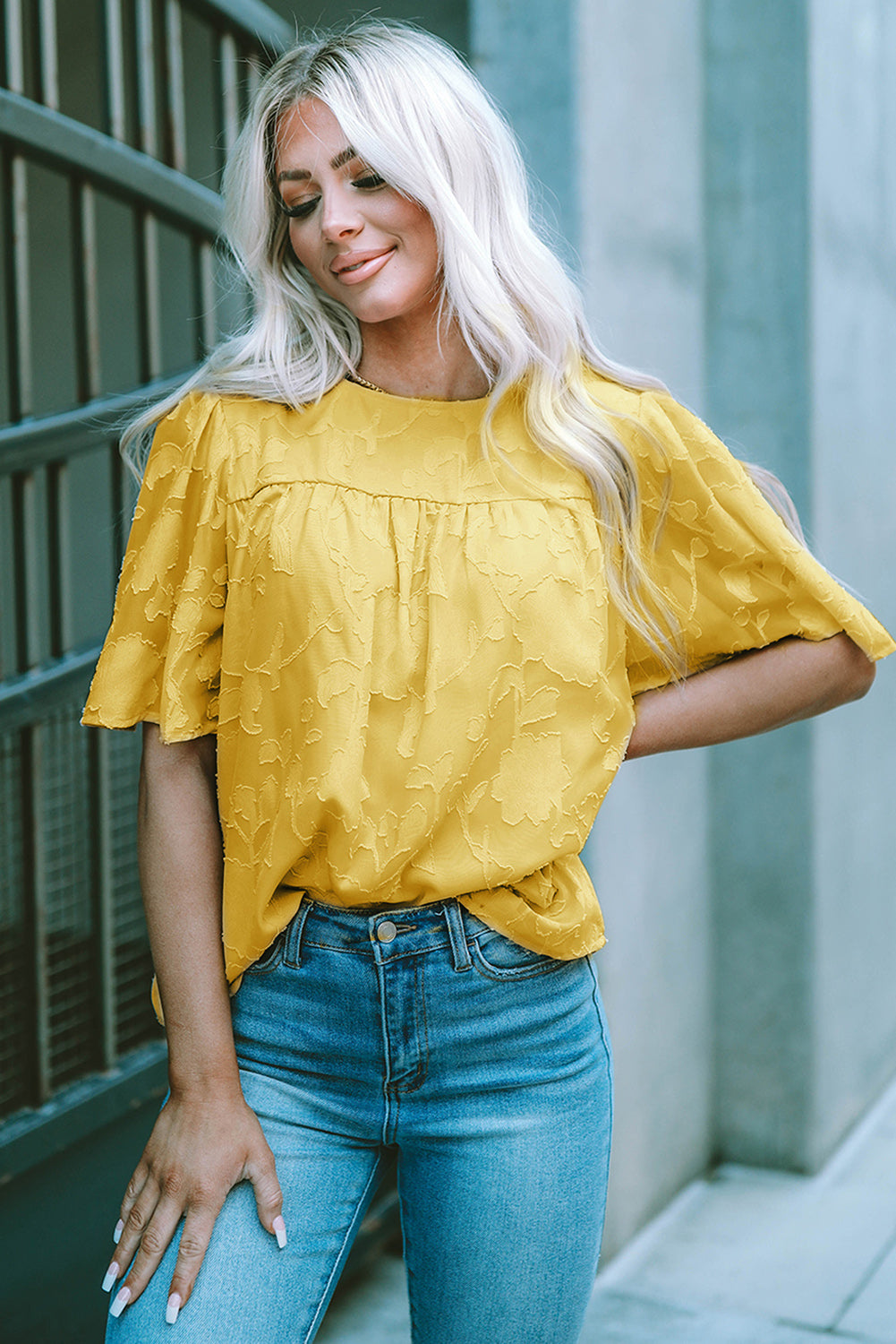 Buy yellow Round Neck Puff Sleeve Blouse