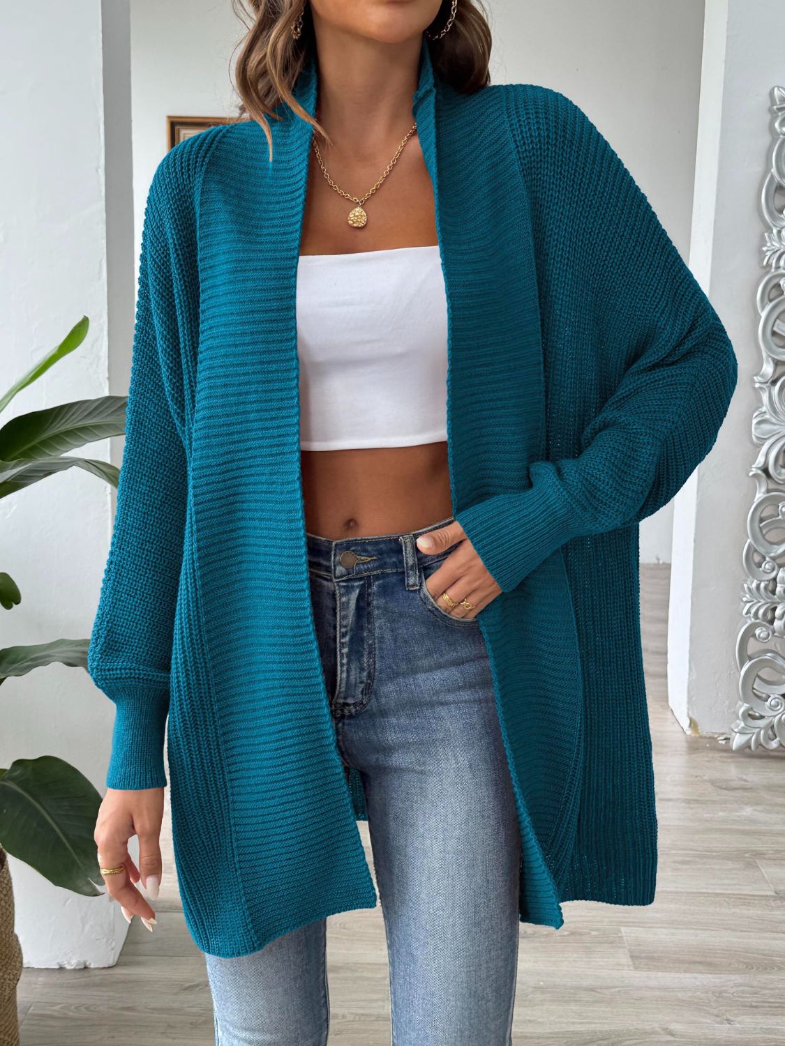 Buy deep-teal Open Front Long Sleeve Cardigan