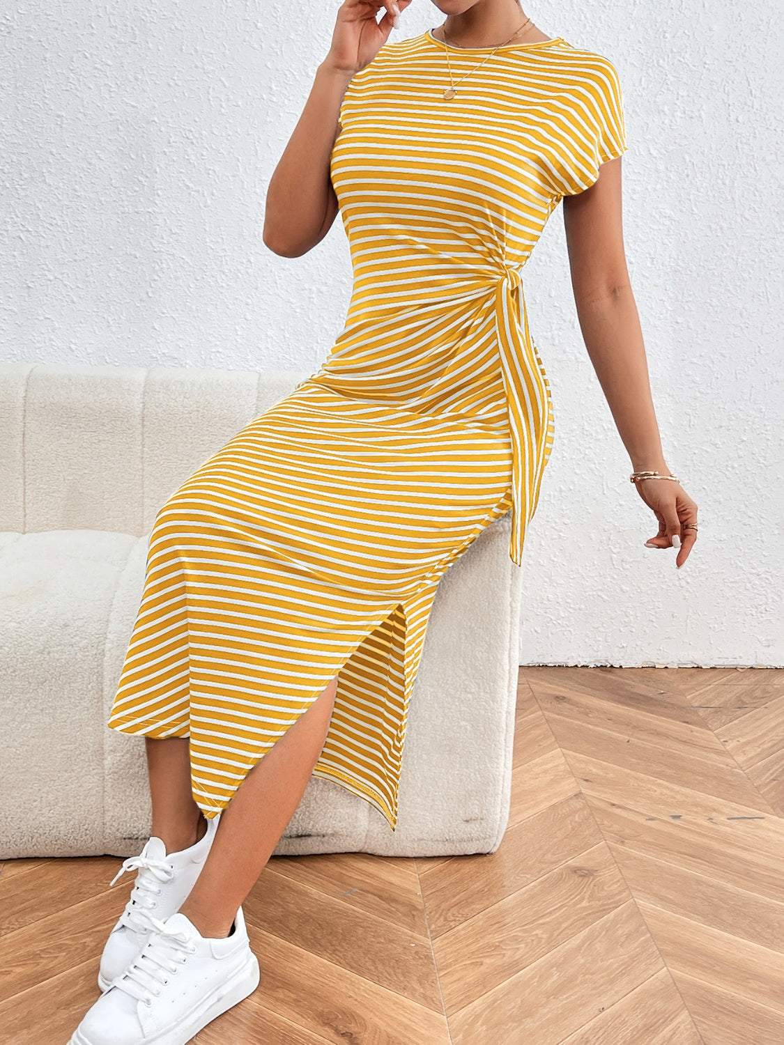 Buy yellow Honey Tied Striped Round Neck Short Sleeve Tee Dress