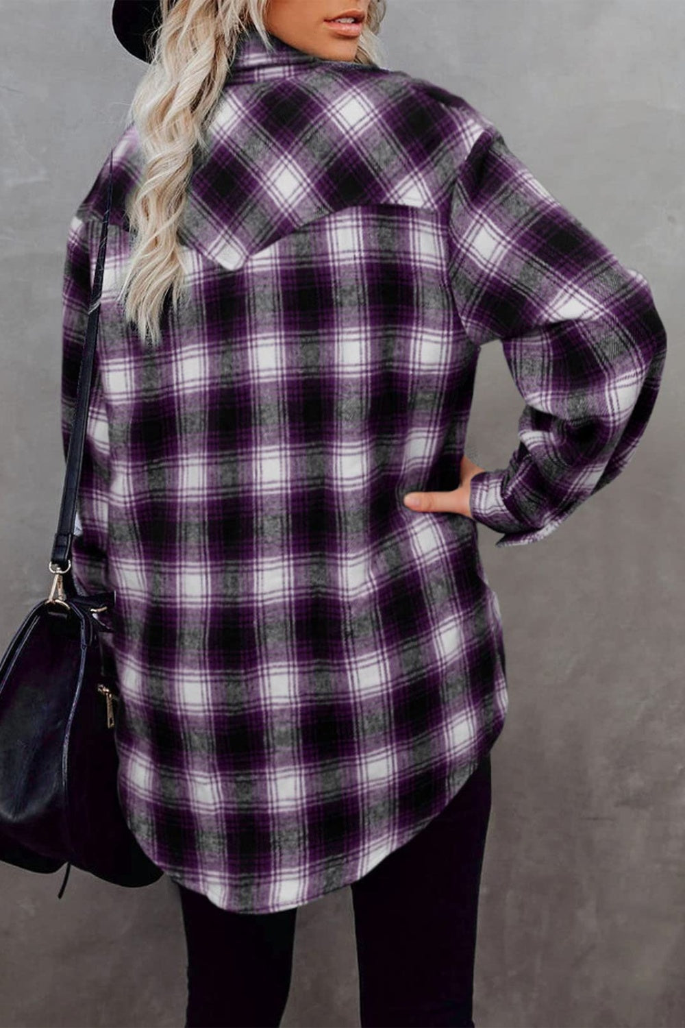 Buy purple Full Size Plaid Collared Neck Long Sleeve Shirt