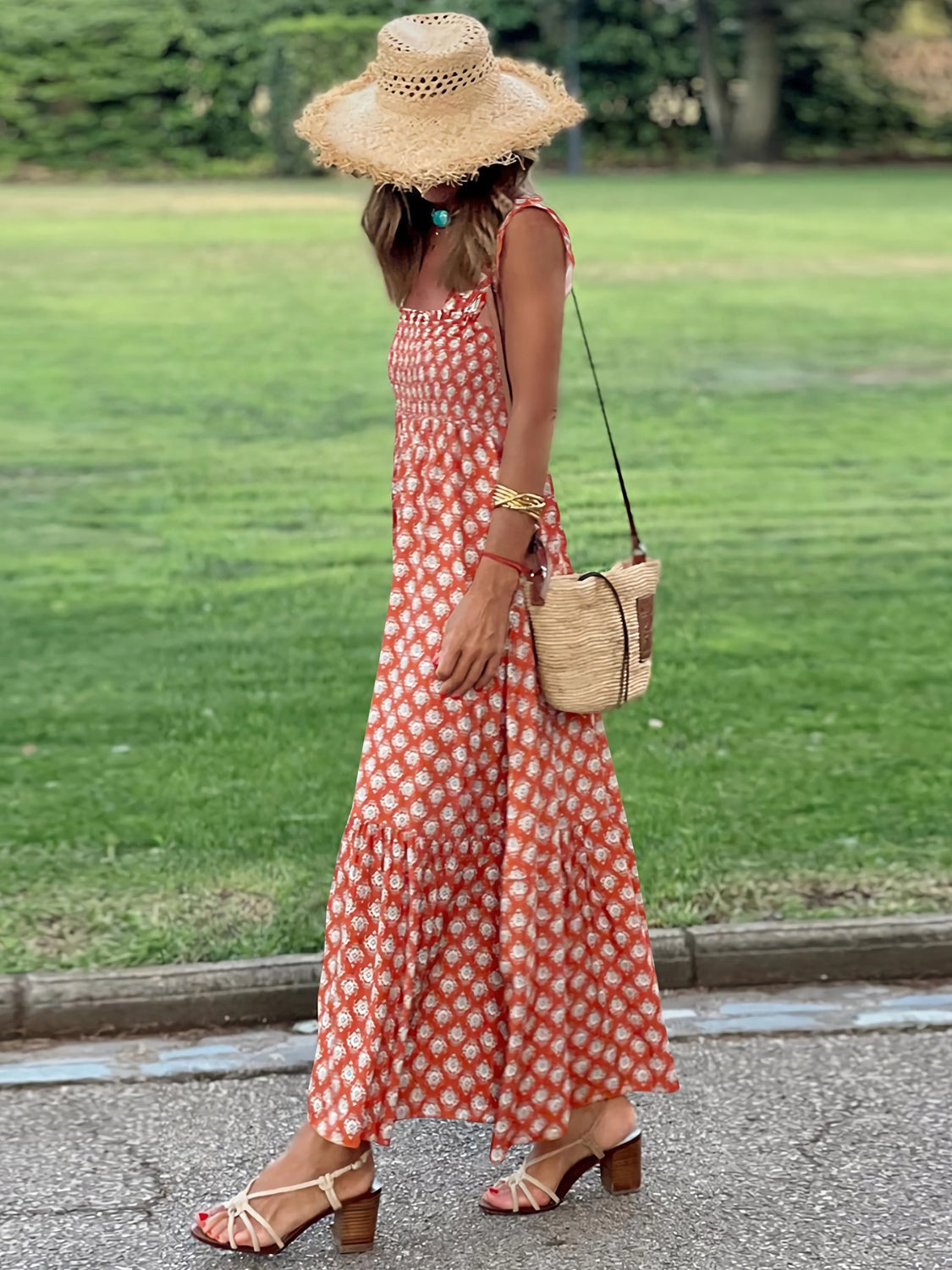 Buy orange-red Smocked Printed Square Neck Sleeveless Dress