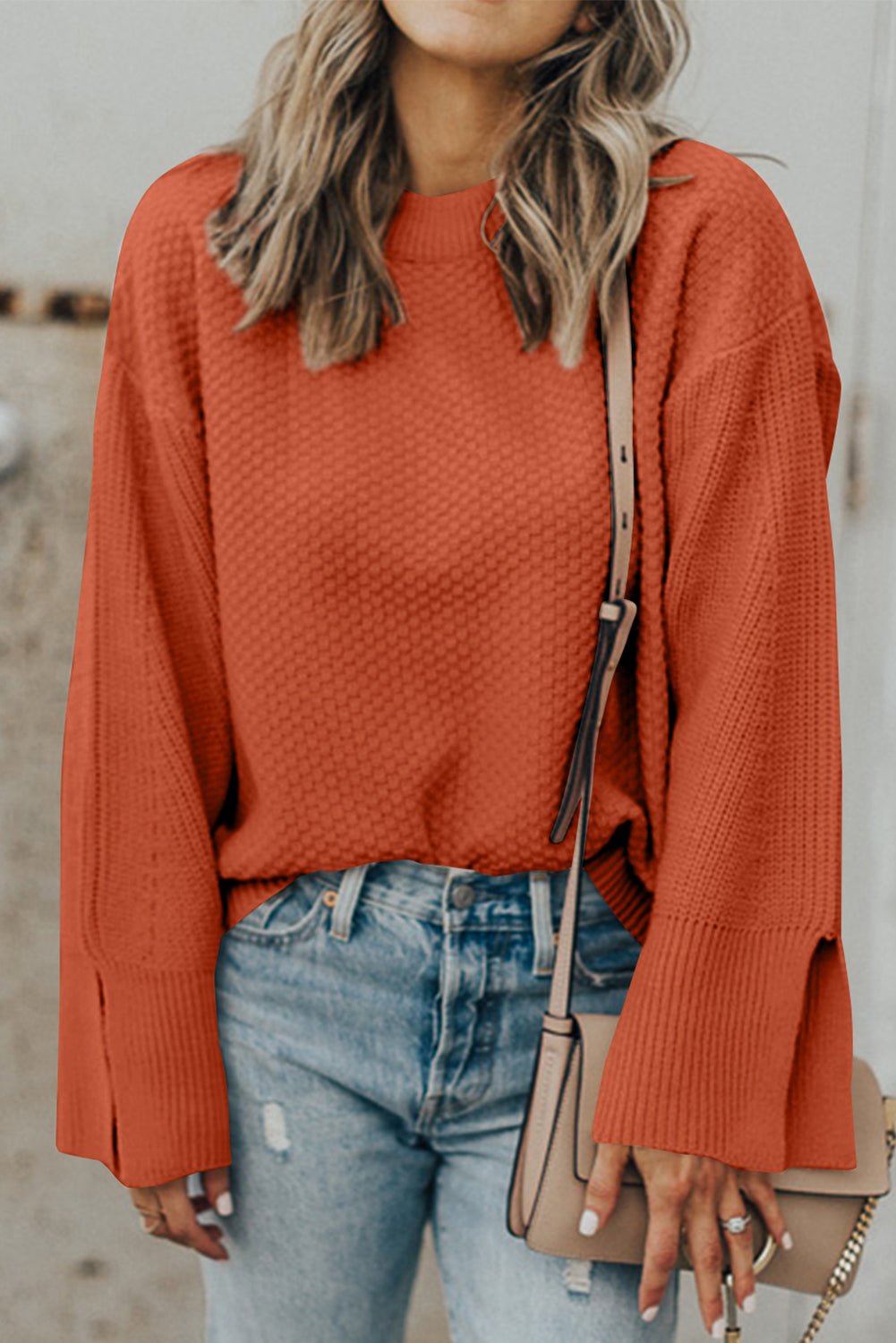 Buy ochre Textured Round Neck Long Sleeve Sweater