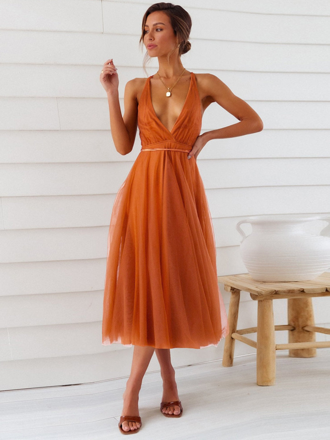 Buy terracotta Backless Crisscross Sleeveless Midi Dress