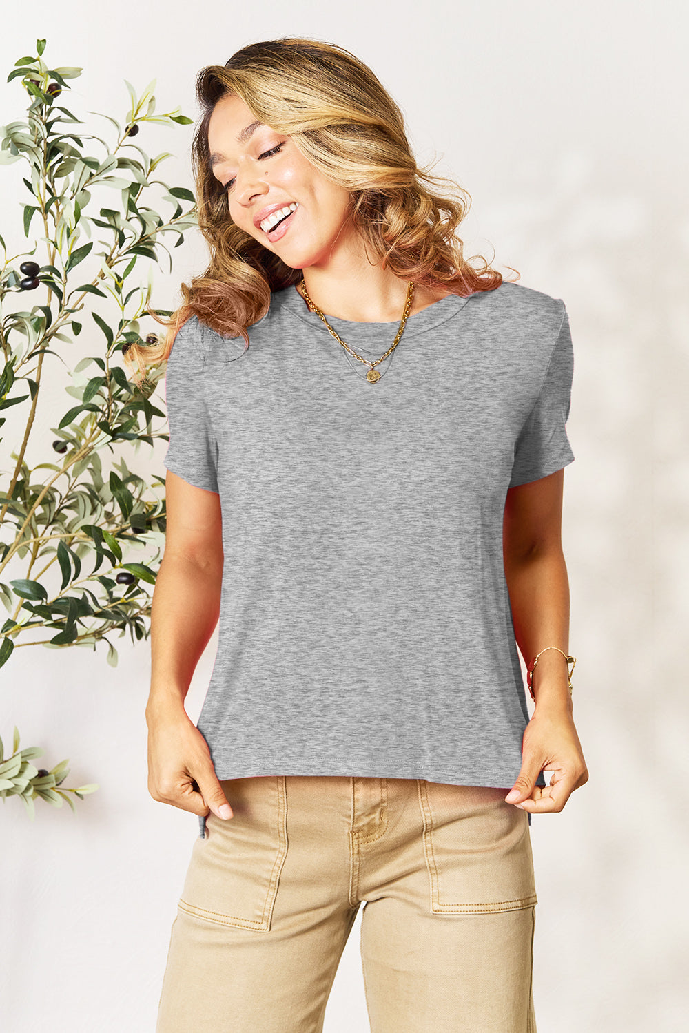 Buy gray Basic Bae Bamboo Full Size  Round Neck Short Sleeve T-Shirt