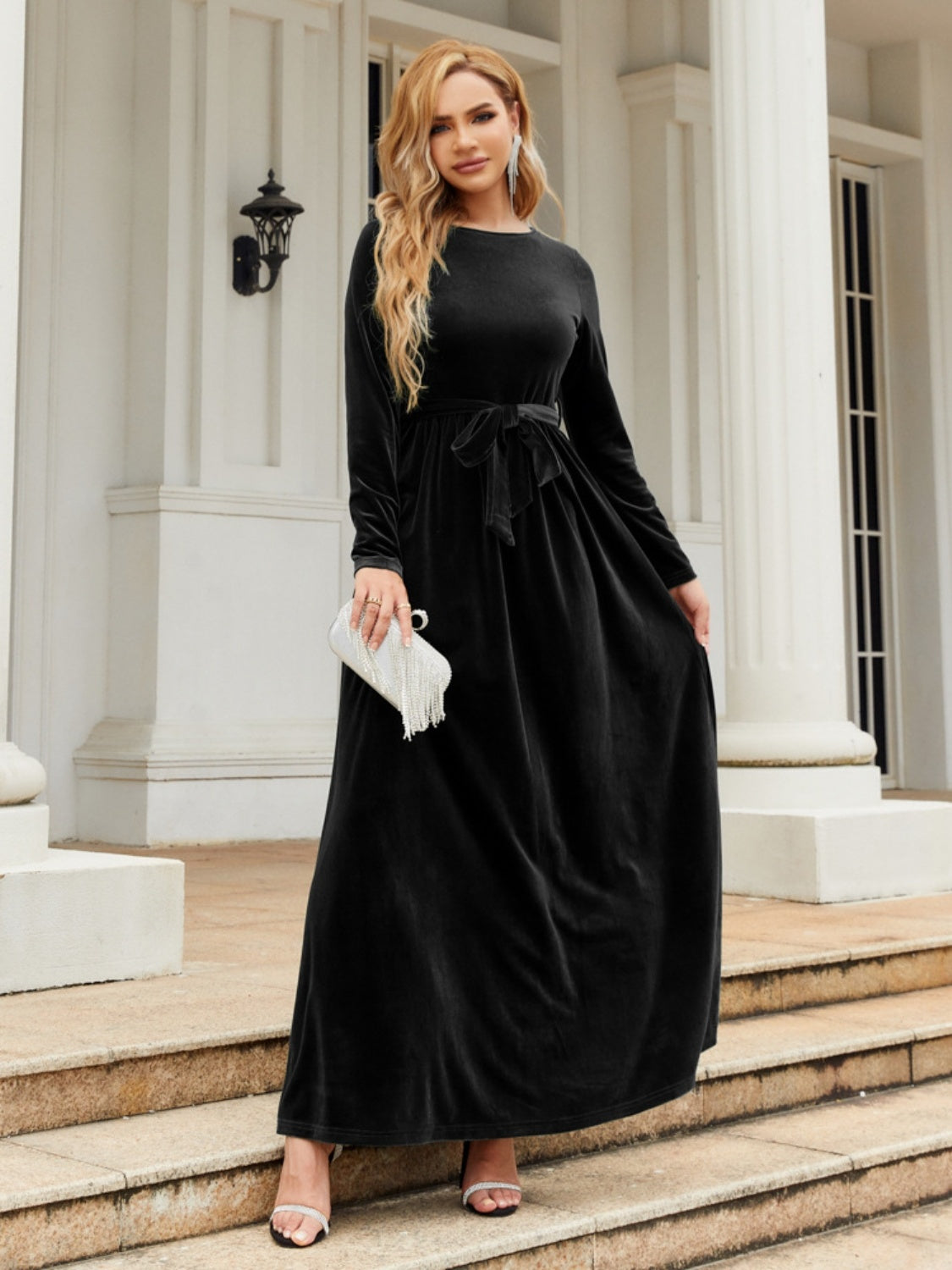 Buy black Tie Front Round Neck Long Sleeve Maxi Dress