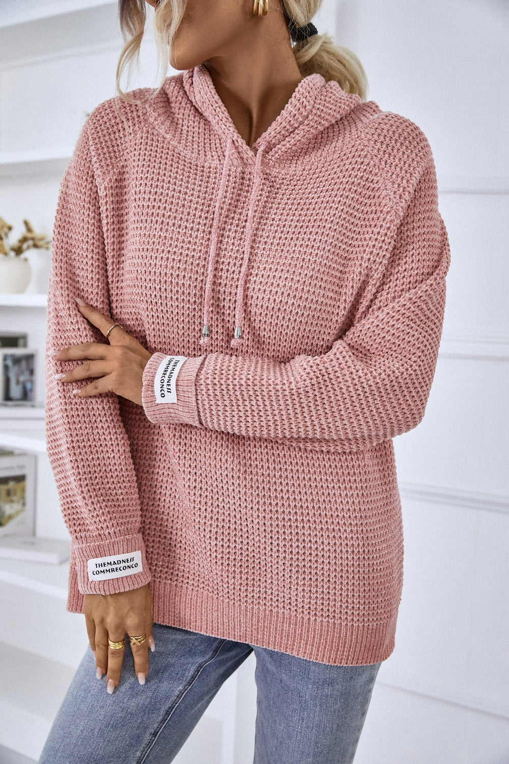 Buy blush-pink Drawstring Long Sleeve Hooded Sweater