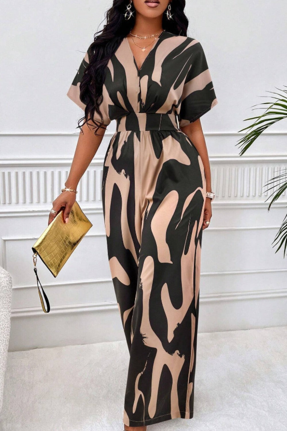 Buy taupe Printed V-Neck Short Sleeve Wide Leg Jumpsuit