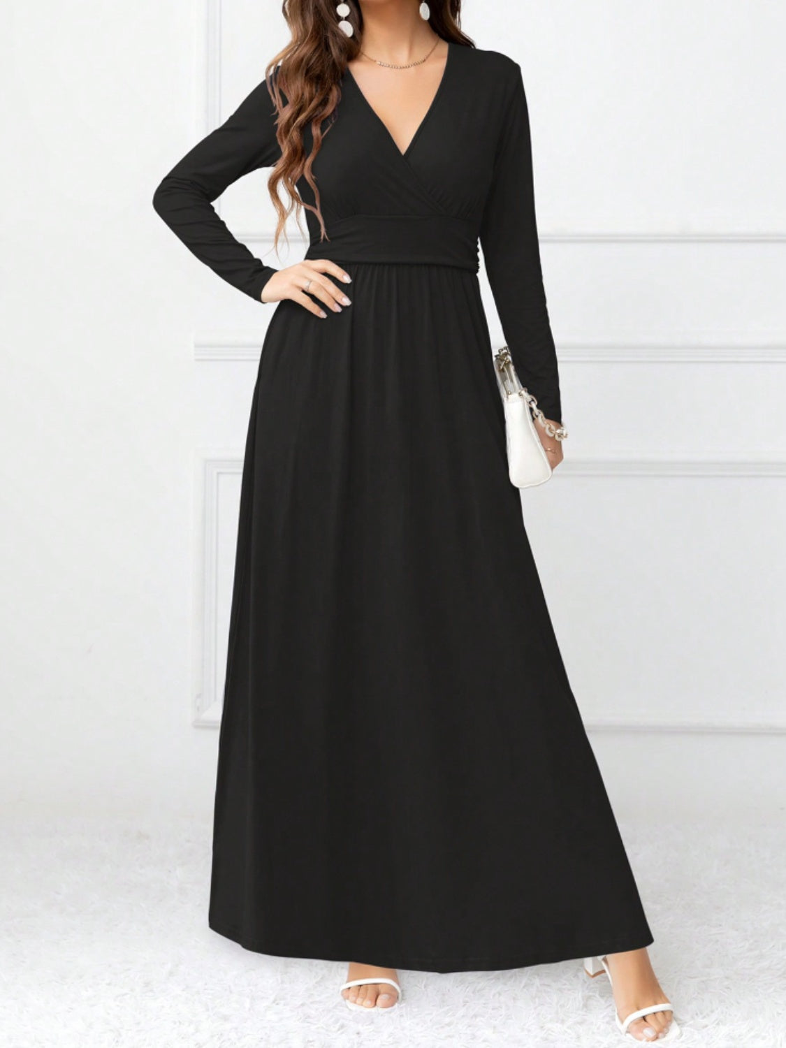 Buy black Pocketed Surplice Long Sleeve Maxi Dress