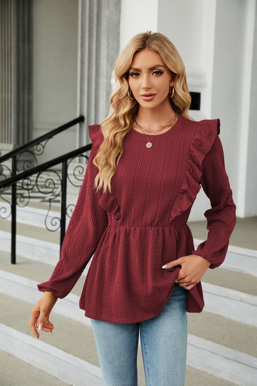 Buy wine Round Neck Ruffled Peplum Blouse