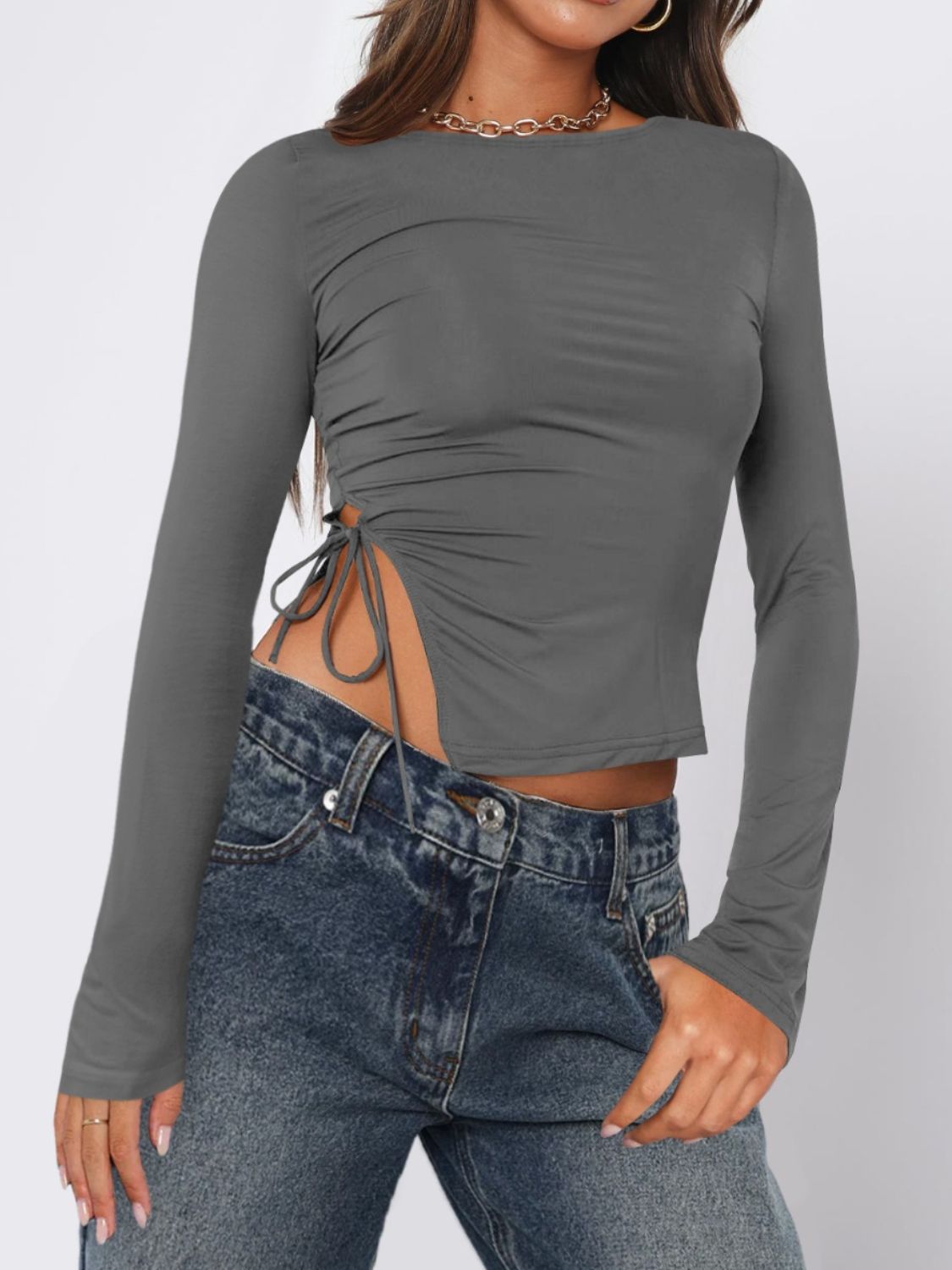 Buy dark-gray Tied Slit Round Neck Long Sleeve T-Shirt