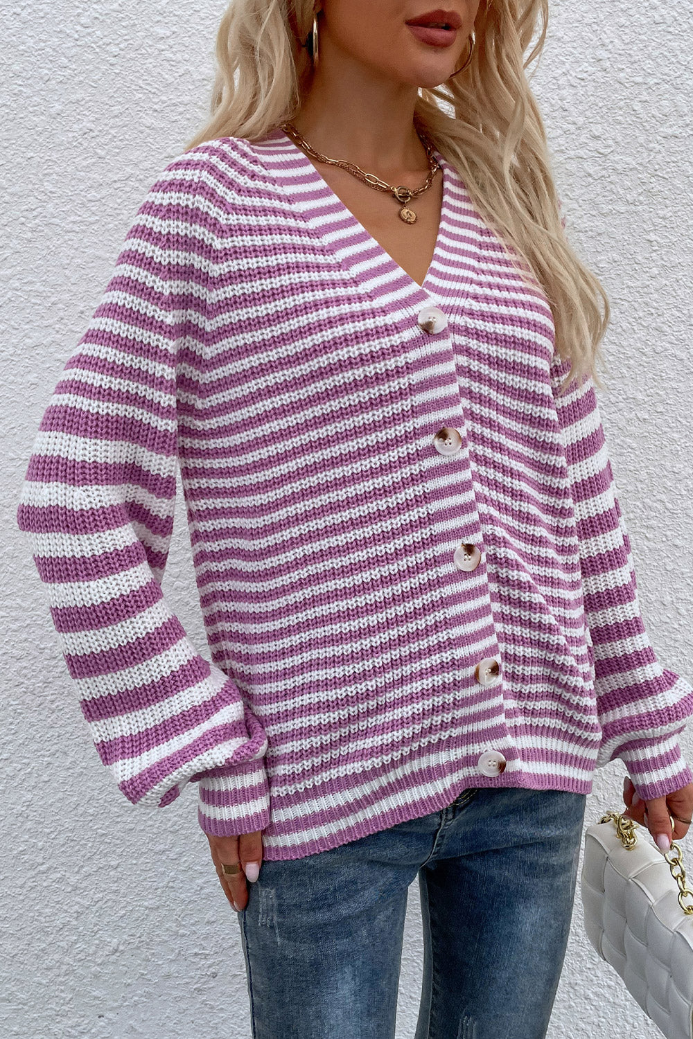 Buy violet Striped V-Neck Button-Down Cardigan