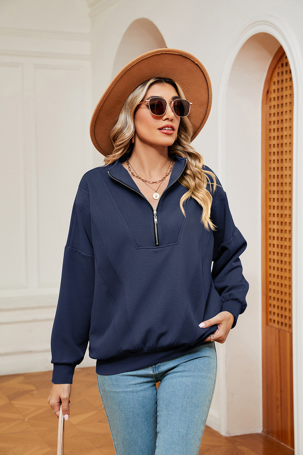 Buy peacock-blue Half-Zip Dropped Shoulder Sweatshirt