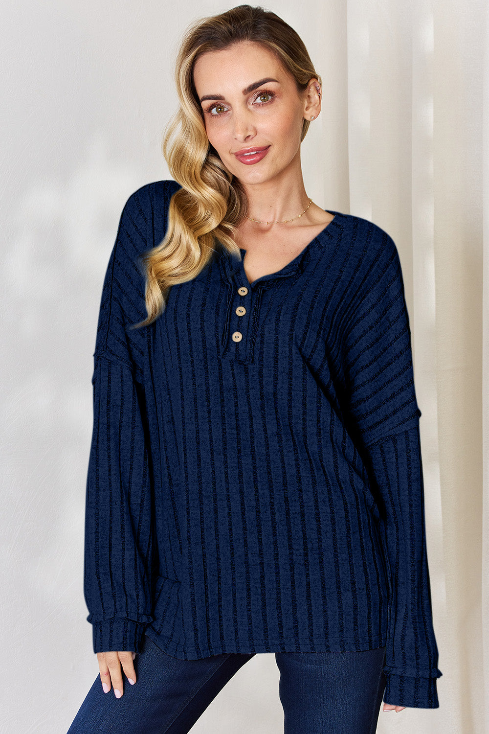 Buy dark-blue Basic Bae Full Size Ribbed Half Button Long Sleeve T-Shirt