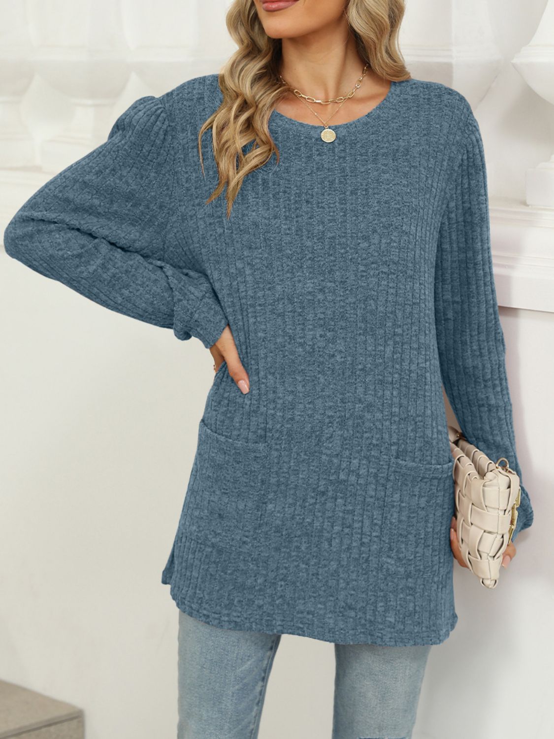 Buy french-blue Pocketed Round Neck Long Sleeve T-Shirt