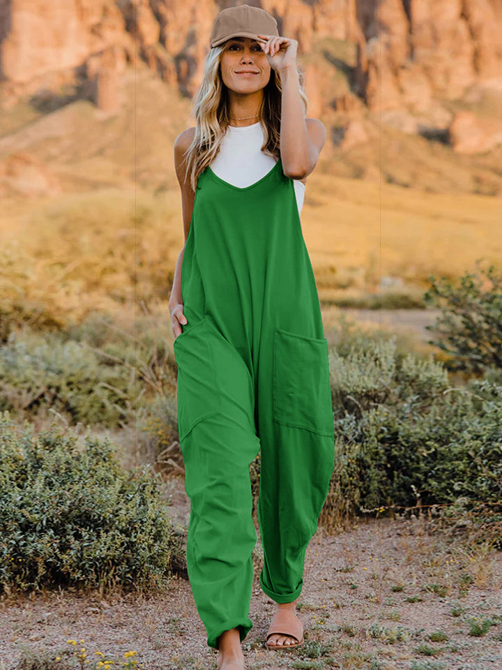 Buy green Double Take Full Size Sleeveless V-Neck Pocketed Jumpsuit