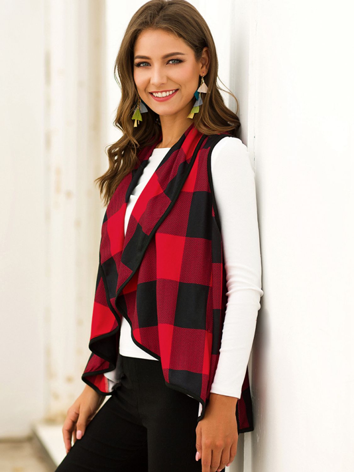 Shiny Plaid Open Front Sleeveless Cardigan