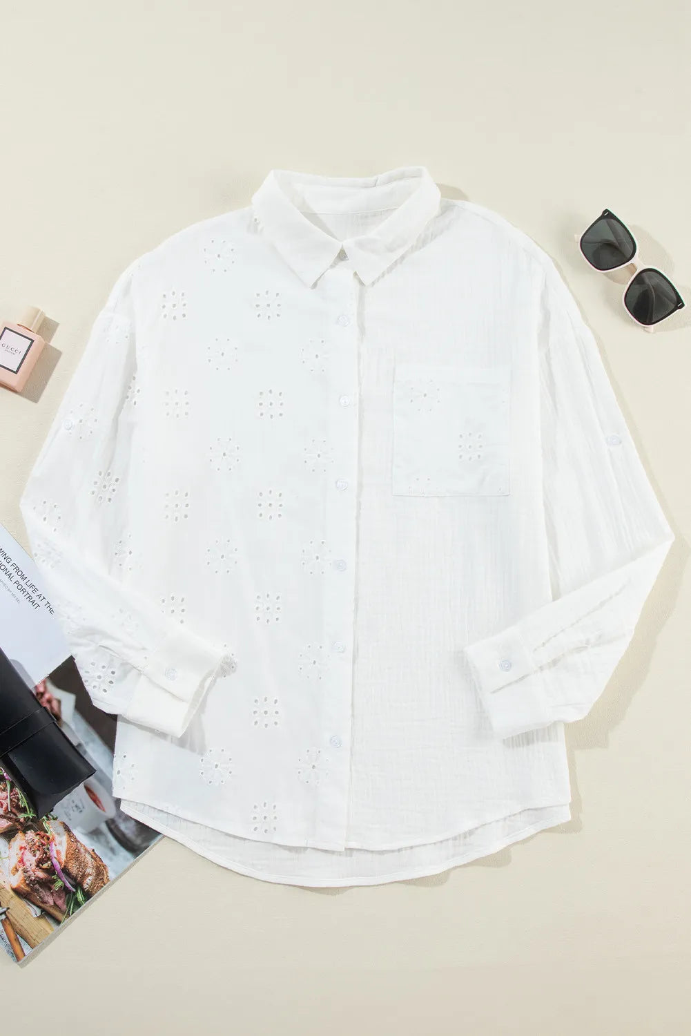 Eyelet Collared Neck Long Sleeve Shirt