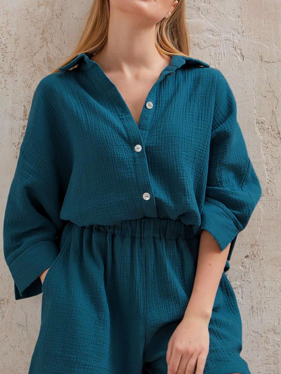 Buy deep-teal Texture Button Up Shirt and Shorts Set