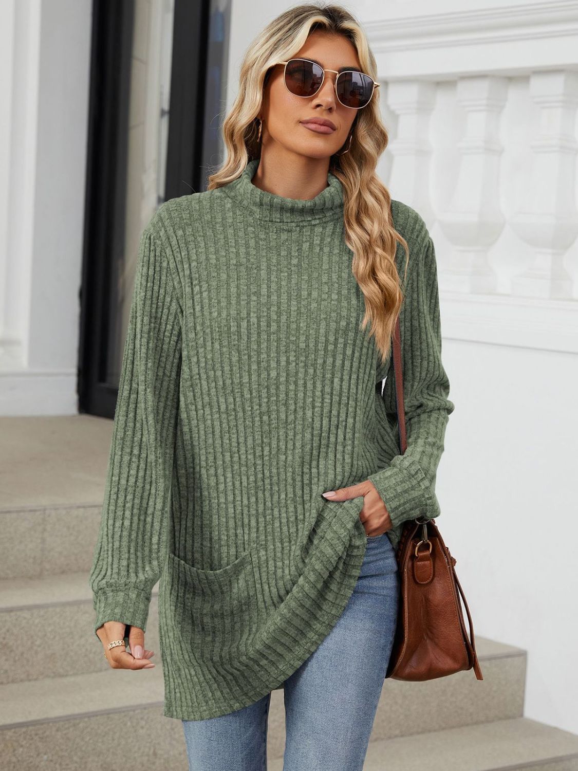 Buy matcha-green Ribbed Mock Neck Long Sleeve T-Shirt