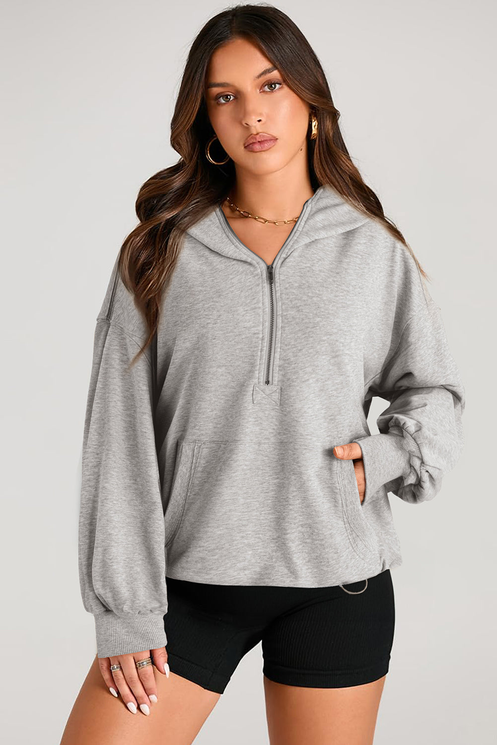 Buy gray Pocketed Half Zip Long Sleeve Hoodie