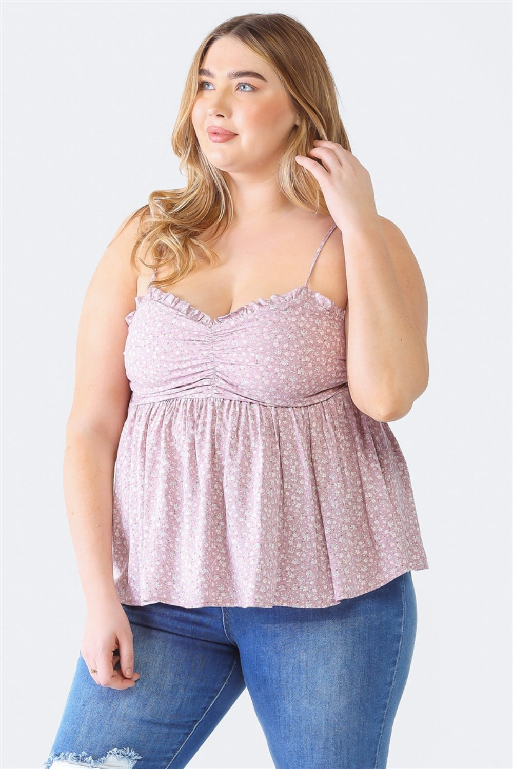 Buy mauve Zenobia Plus Size Frill Smocked Floral Sweetheart Neck Cami