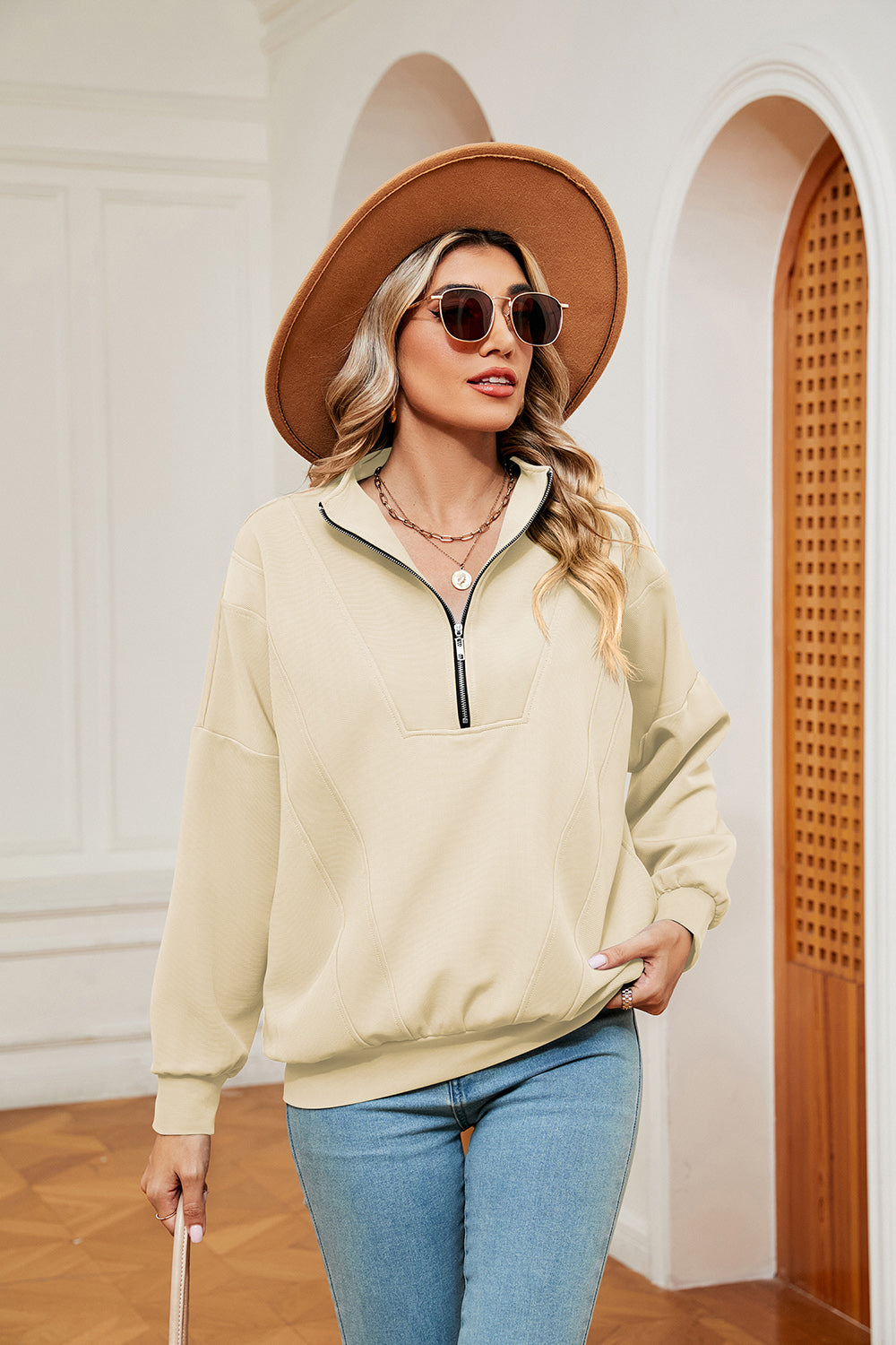 Buy cream Half-Zip Dropped Shoulder Sweatshirt