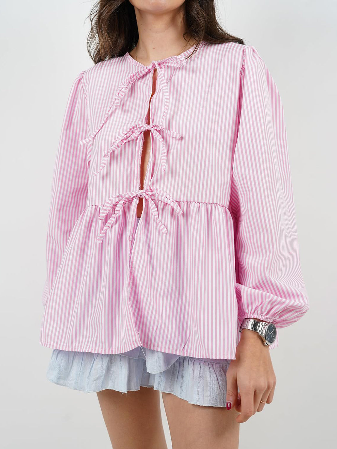 Buy pink Tied Round Neck Long Sleeve Blouse