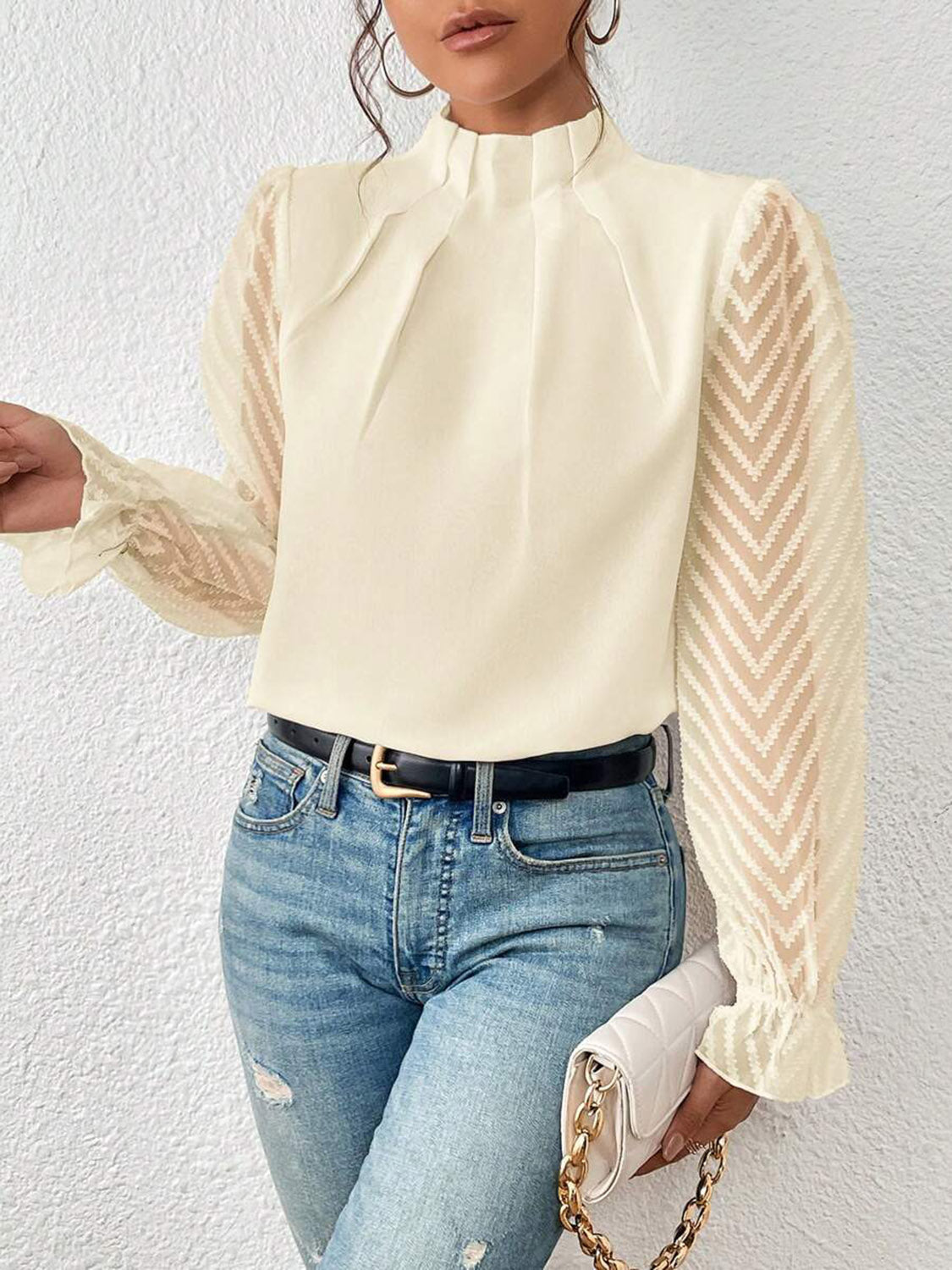 Buy cream Mock Neck Flounce Sleeve Blouse