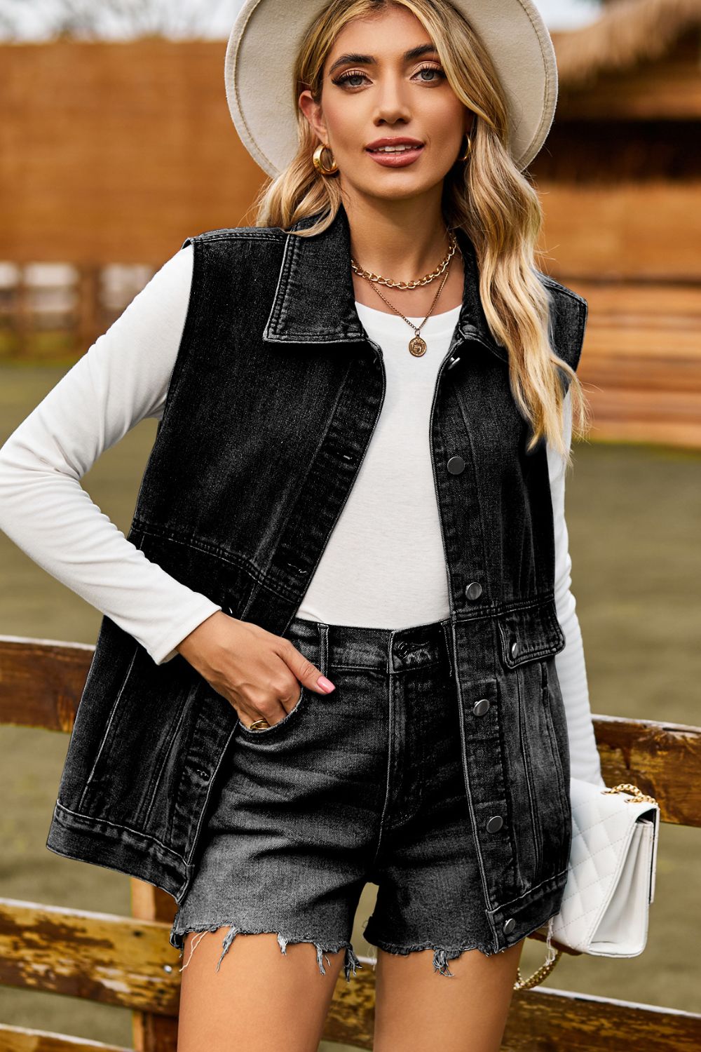 Buy dark Sleeveless Collared Neck Denim Top with Pockets