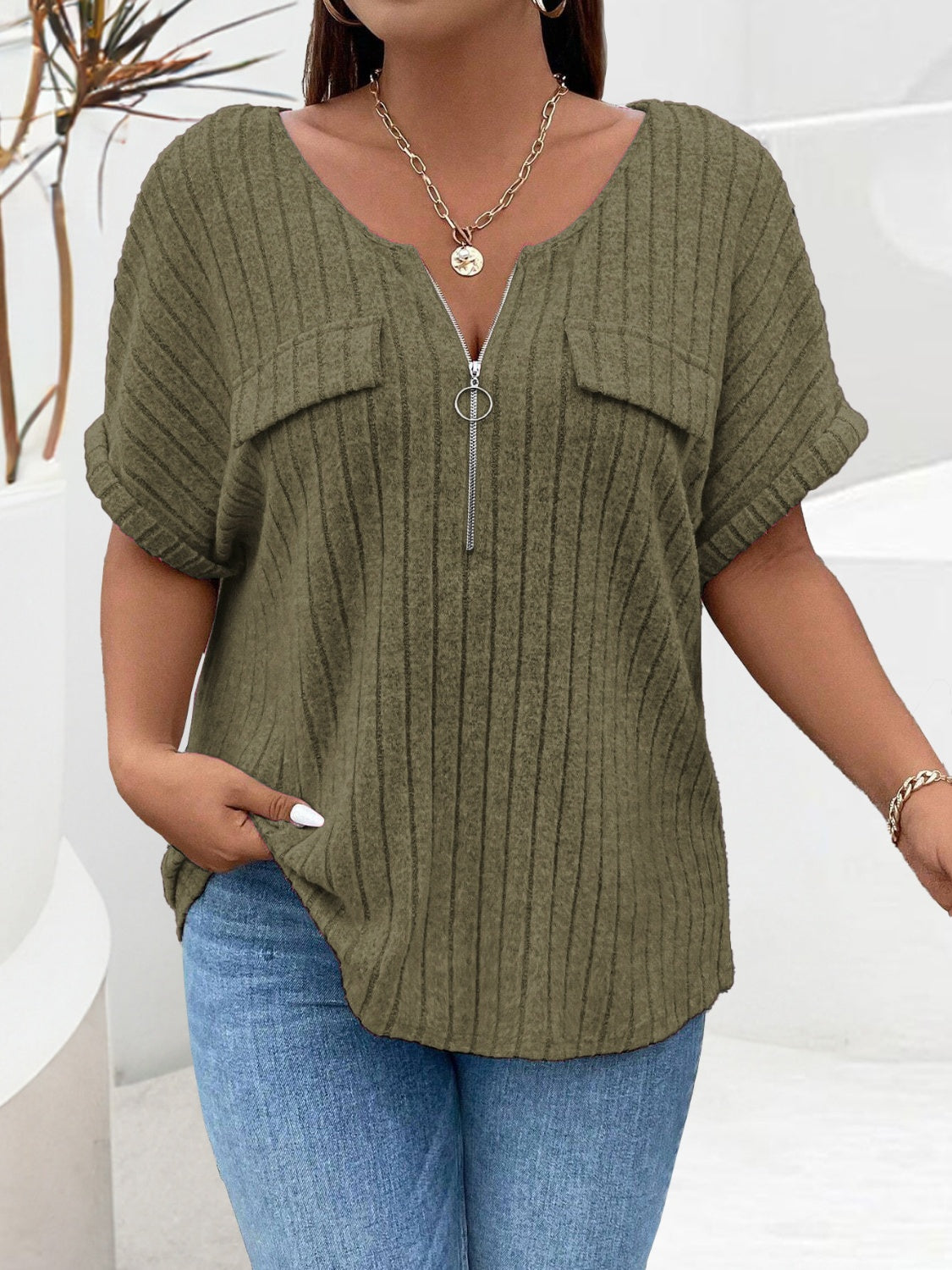 Buy moss Plus Size Half Zip Short Sleeve T-Shirt