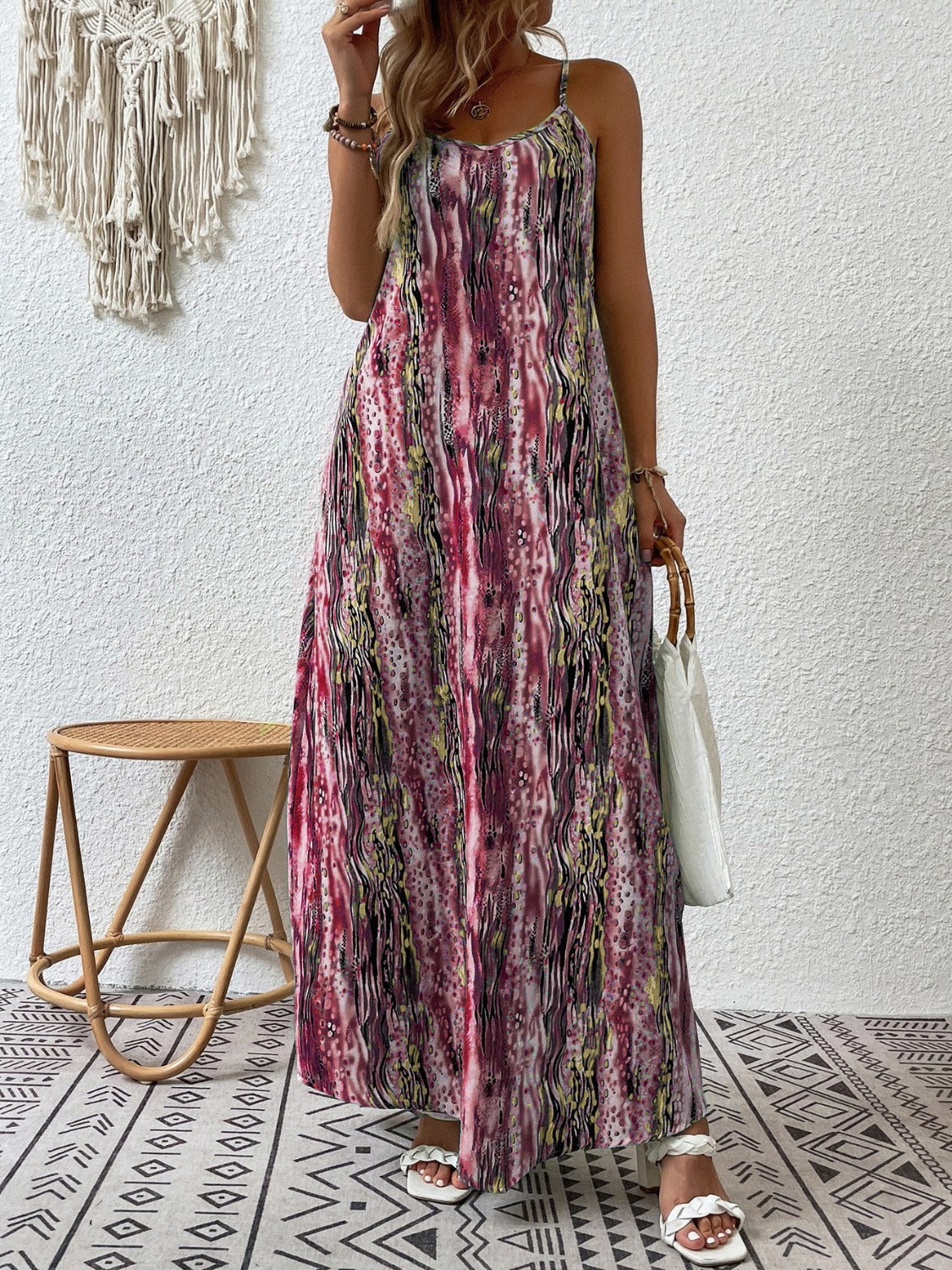 Buy burgundy Full Size Printed Scoop Neck Maxi Cami Dress