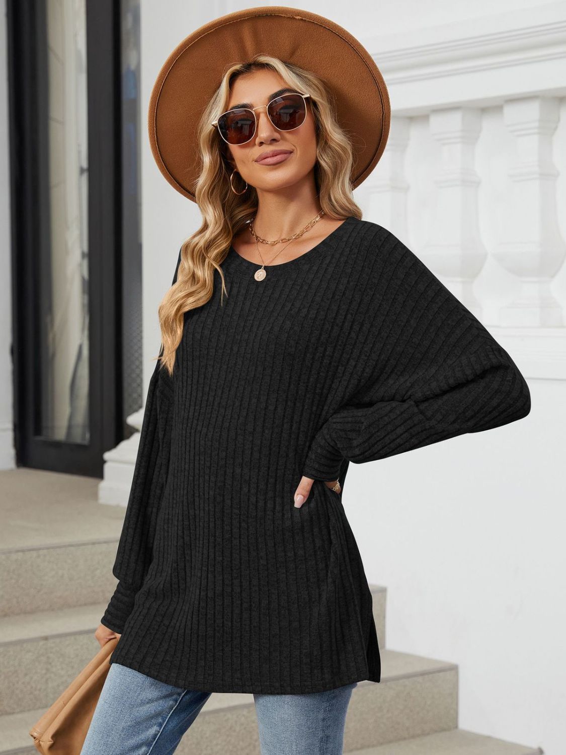 Buy black Ribbed Round Neck Long Sleeve T-Shirt