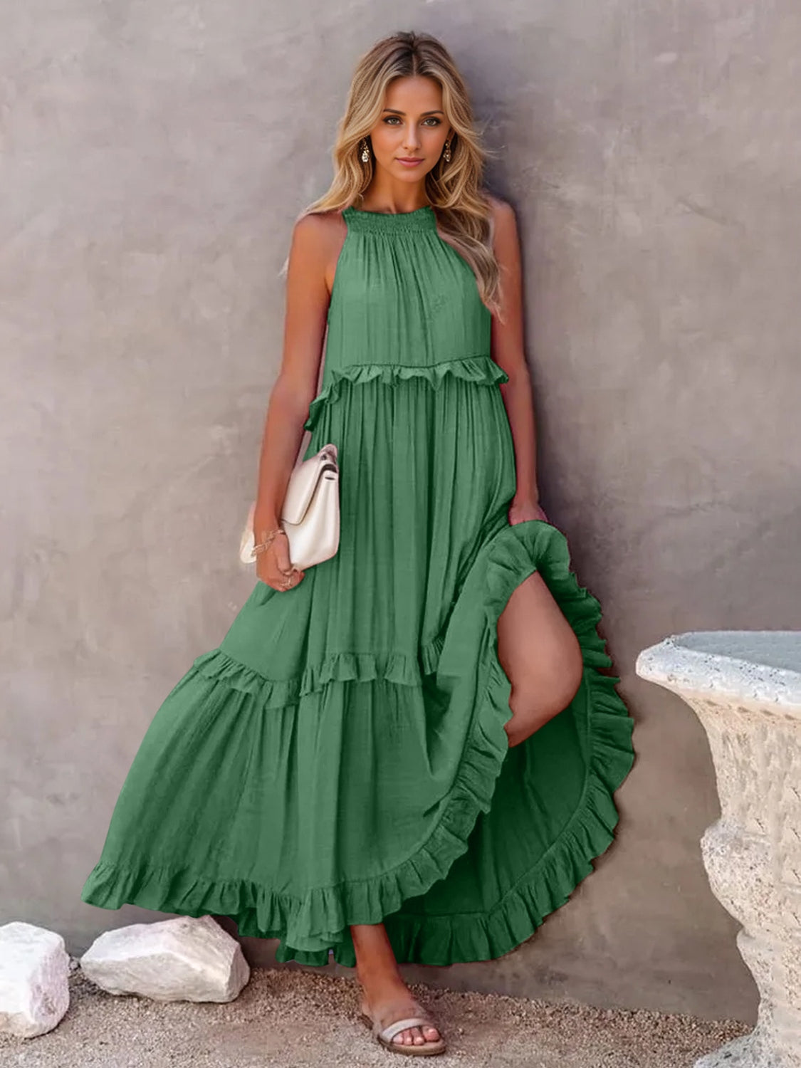 Buy dark-green Ruffled Sleeveless Tiered Maxi Dress with Pockets