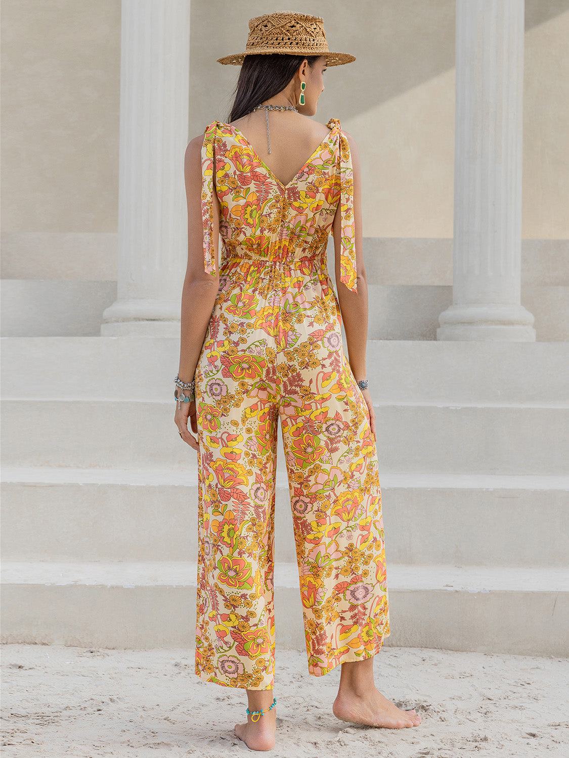 Printed V-Neck Tie Shoulder Jumpsuit