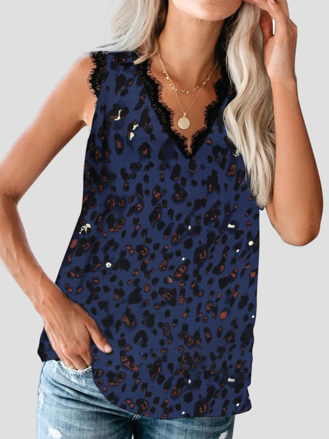 Buy dark-blue Lace Detail V-Neck Tank