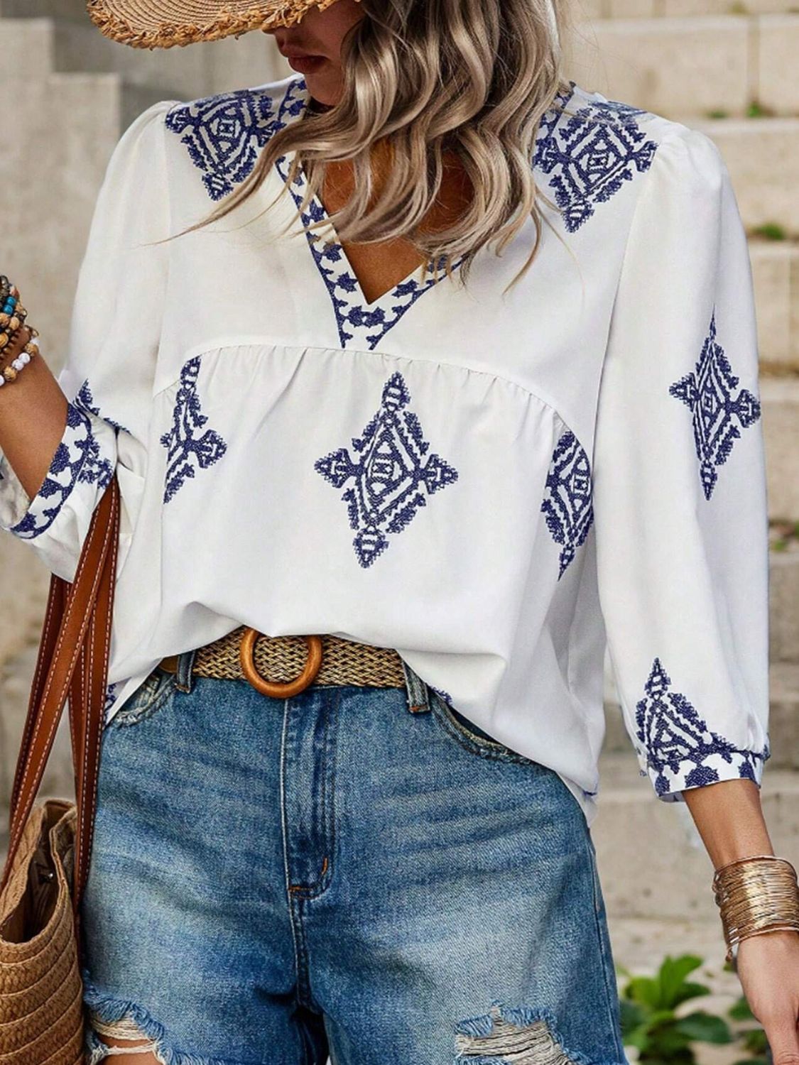 Buy dark-navy Printed V-Neck Three-Quarter Sleeve Blouse