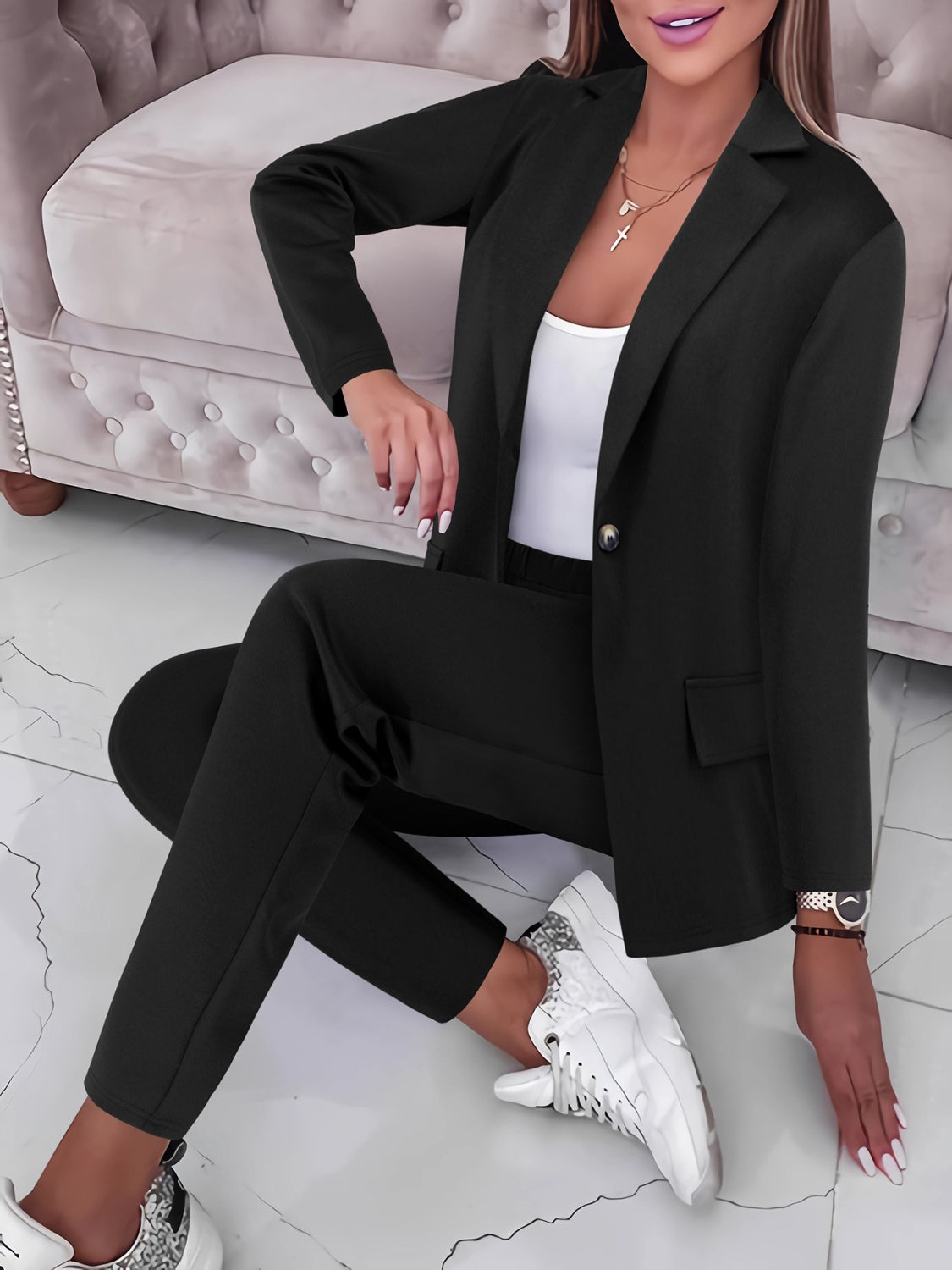 Buy black Lapel Collar Long Sleeve Top and Pants Set