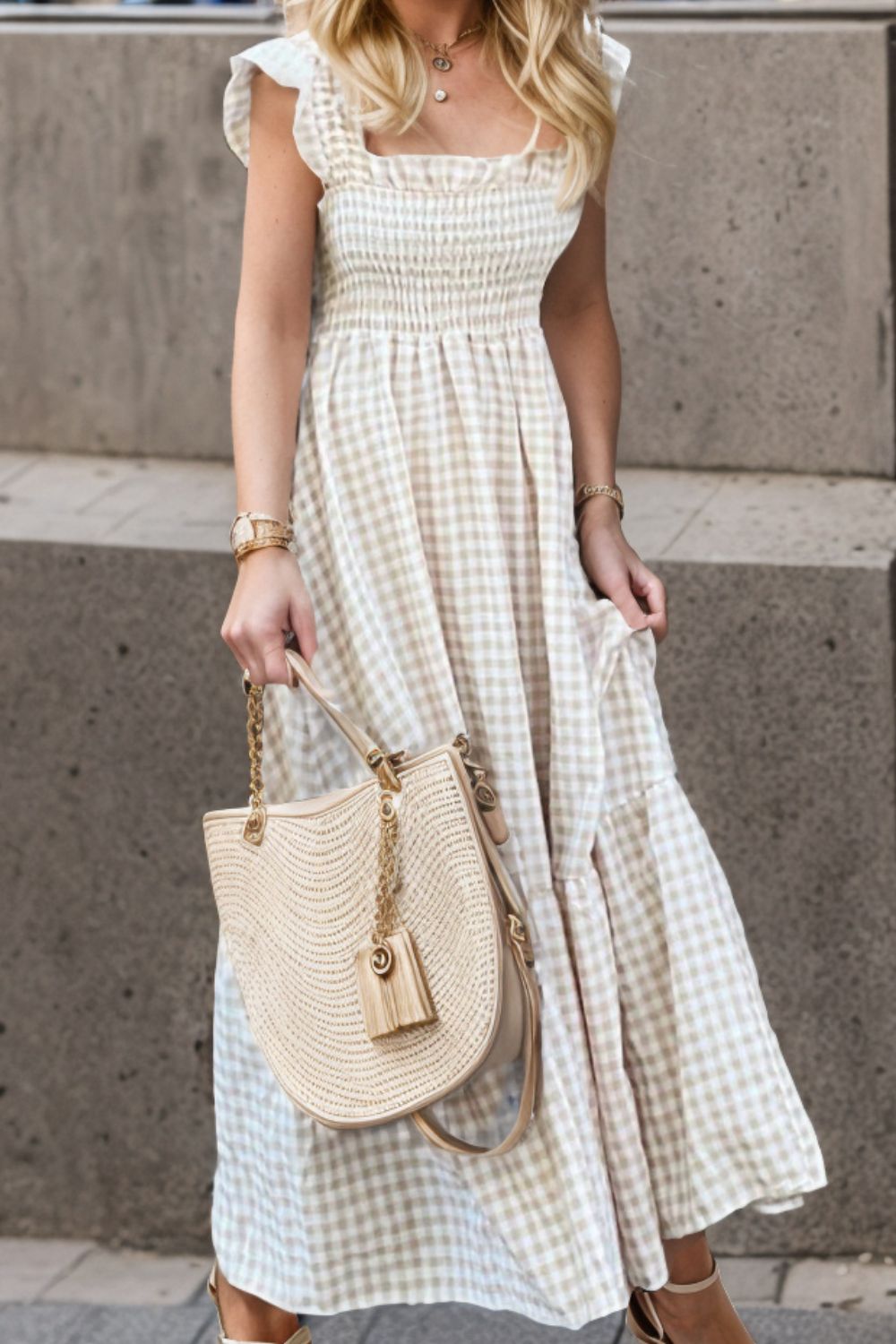 Buy light-yellow Full Size Smocked Ruffled Plaid Ruffle Hem Dress